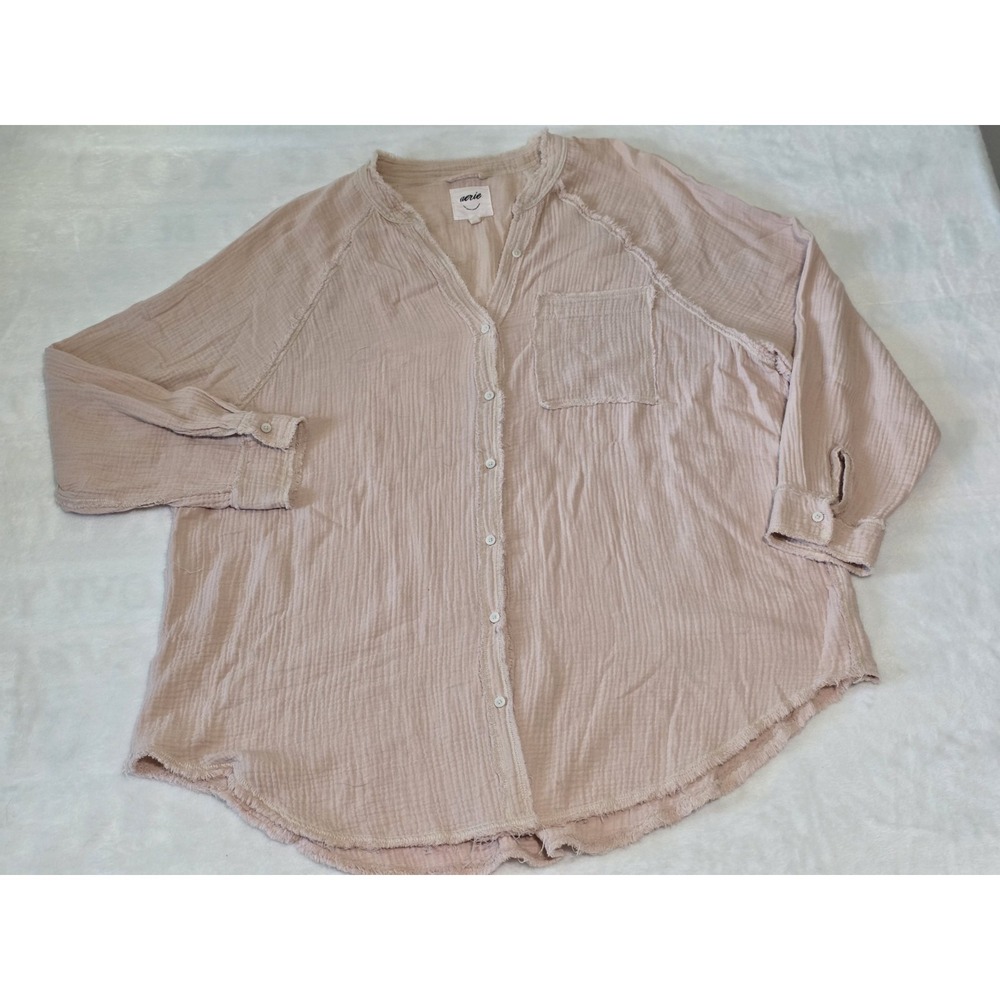 aerie womens medium boho pink cottagecore 100% cotton raw edge oversized shirt